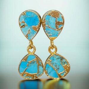 18k Gold Plated Artisan Genuine Mohave Turquoise Drop Dangle Earrings